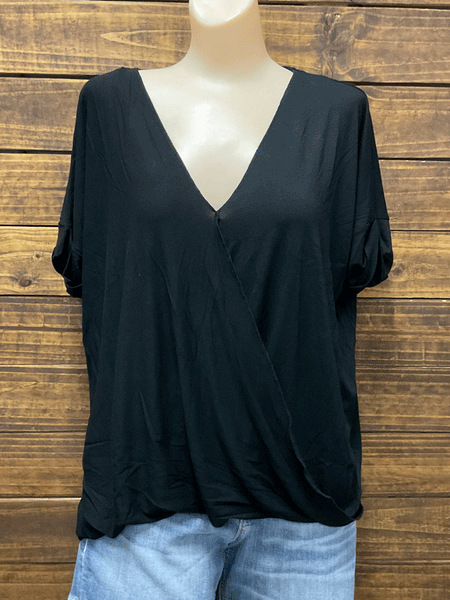 Panhandle WLWT21R1VN Ladies Solid Surplice Foldover Top Black front view