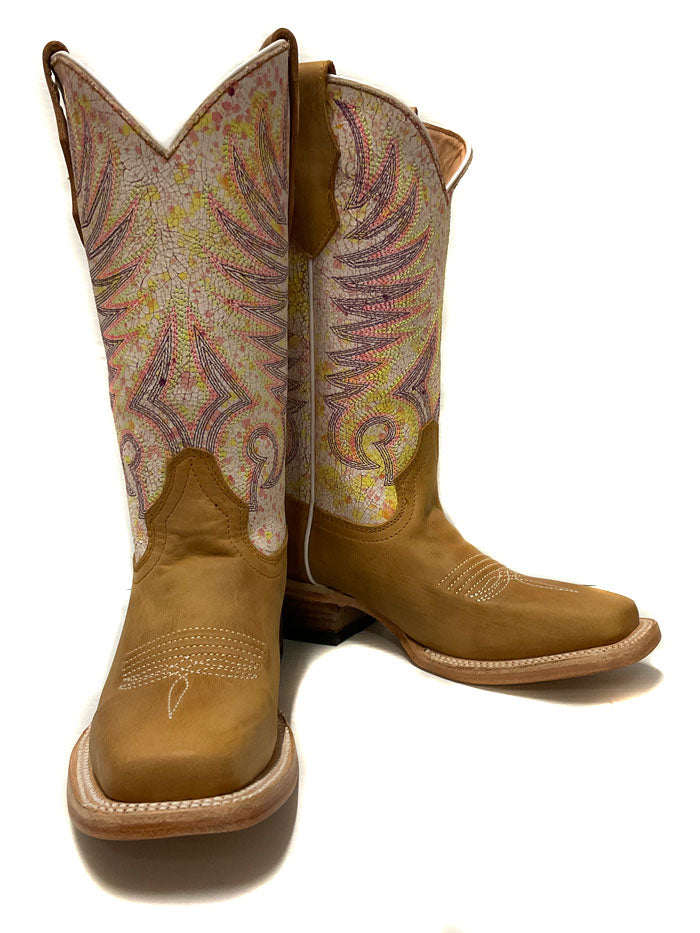Circle G J7125 Kids Teenage Embroidery Square Toe Boot Tan And White front and side view of pair. If you need any assistance with this item or the purchase of this item please call us at five six one seven four eight eight eight zero one Monday through Saturday 10:00a.m EST to 8:00 p.m EST