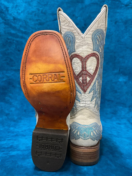 Corral T0147 Teen Glitter Heart And Wings Square Toe Boot White sole and back view pair. If you need any assistance with this item or the purchase of this item please call us at five six one seven four eight eight eight zero one Monday through Saturday 10:00a.m EST to 8:00 p.m EST