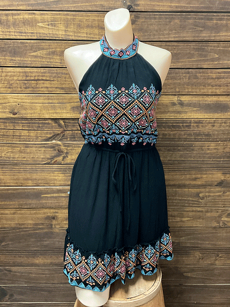 Andree by Unit 94477 Womens Savanna Jane Halter Dress Embroidery Black front view. If you need any assistance with this item or the purchase of this item please call us at five six one seven four eight eight eight zero one Monday through Saturday 10:00a.m EST to 8:00 p.m EST