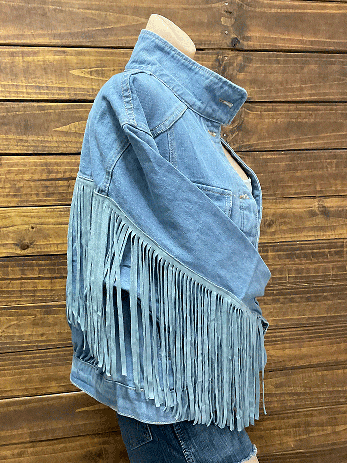 Fate FJ4302 Womens Fringe Denim Jacket Light Medium Wash front view. If you need any assistance with this item or the purchase of this item please call us at five six one seven four eight eight eight zero one Monday through Saturday 10:00a.m EST to 8:00 p.m EST