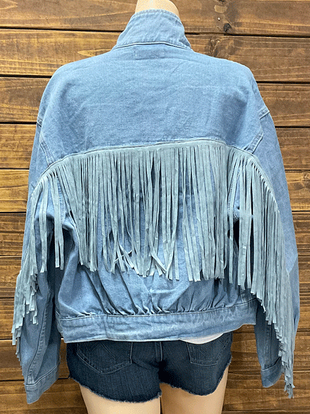 Fate FJ4302 Womens Fringe Denim Jacket Light Medium Wash back view. If you need any assistance with this item or the purchase of this item please call us at five six one seven four eight eight eight zero one Monday through Saturday 10:00a.m EST to 8:00 p.m EST