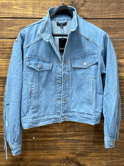 Fate FJ4302 Womens Fringe Denim Jacket Light Medium Wash front view on hanger. If you need any assistance with this item or the purchase of this item please call us at five six one seven four eight eight eight zero one Monday through Saturday 10:00a.m EST to 8:00 p.m EST