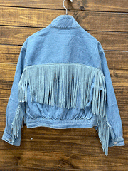 Fate FJ4302 Womens Fringe Denim Jacket Light Medium Wash back view on hanger. If you need any assistance with this item or the purchase of this item please call us at five six one seven four eight eight eight zero one Monday through Saturday 10:00a.m EST to 8:00 p.m EST