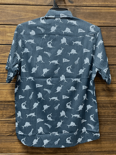 Salt Life SLM30240 Mens THE SLAM Short Sleeve Shirt Washed Navy back view. If you need any assistance with this item or the purchase of this item please call us at five six one seven four eight eight eight zero one Monday through Saturday 10:00a.m EST to 8:00 p.m EST