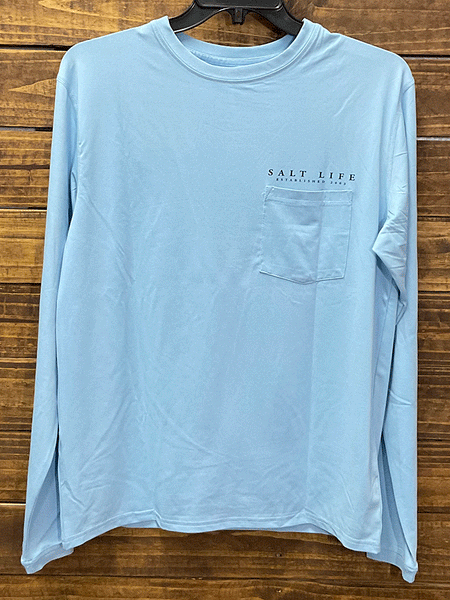 Salt Life SLM6225 Mens MAHI PRIDE Pocket Long Sleeve Tee Airy Blue Heather front view. If you need any assistance with this item or the purchase of this item please call us at five six one seven four eight eight eight zero one Monday through Saturday 10:00a.m EST to 8:00 p.m EST