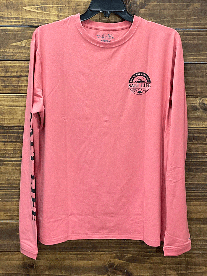 Salt Life SLM6227 Mens DEEP SEA CRUISIN Long Sleeve Tee Airy Burnt Coral Heather back view. If you need any assistance with this item or the purchase of this item please call us at five six one seven four eight eight eight zero one Monday through Saturday 10:00a.m EST to 8:00 p.m EST