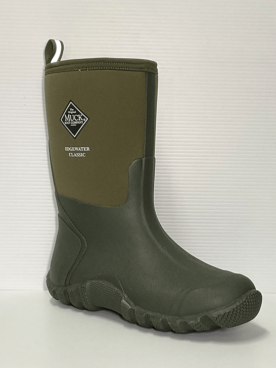 Muck ECM-300 Mens Edgewater Classic Mid Boot Moss Green front and side view. If you need any assistance with this item or the purchase of this item please call us at five six one seven four eight eight eight zero one Monday through Saturday 10:00a.m EST to 8:00 p.m EST