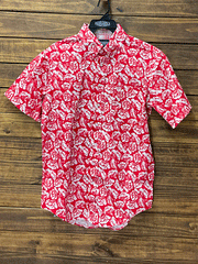 Panhandle 37D3176 Mens Floral Short Sleeve Button Shirts Scarlet Red front view on hanger