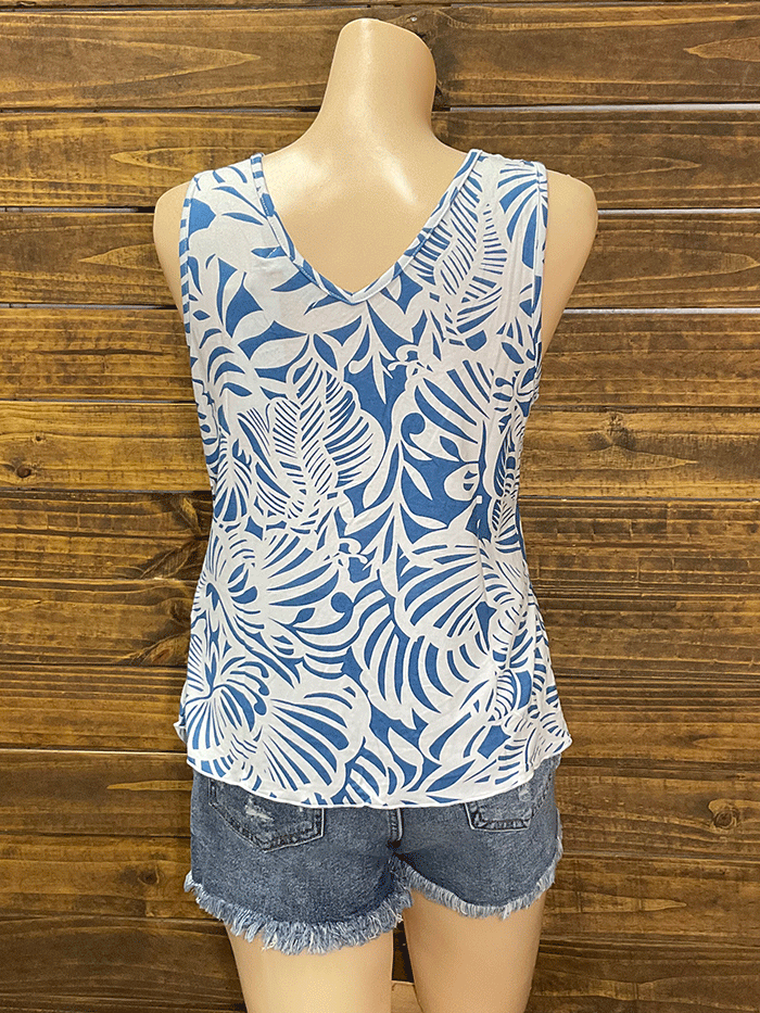Santiki 6239-1032 Womens Sleeveless Tomi Top Blue Jungle Burst front view with tie front. If you need any assistance with this item or the purchase of this item please call us at five six one seven four eight eight eight zero one Monday through Saturday 10:00a.m EST to 8:00 p.m EST