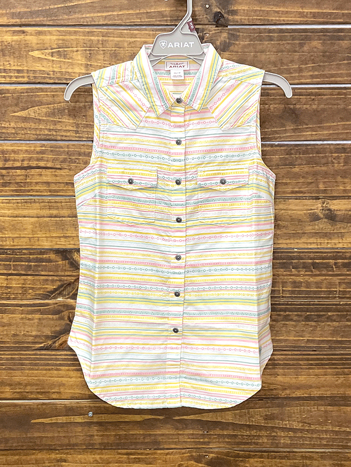 Ariat 10040509 Womens Sleeveless Jasmine Shirt Yarn Dye Jacquard Stripe front view tie front view. If you need any assistance with this item or the purchase of this item please call us at five six one seven four eight eight eight zero one Monday through Saturday 10:00a.m EST to 8:00 p.m EST