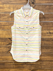 Ariat 10040509 Womens Sleeveless Jasmine Shirt Yarn Dye Jacquard Stripe full front view on hanger. If you need any assistance with this item or the purchase of this item please call us at five six one seven four eight eight eight zero one Monday through Saturday 10:00a.m EST to 8:00 p.m EST