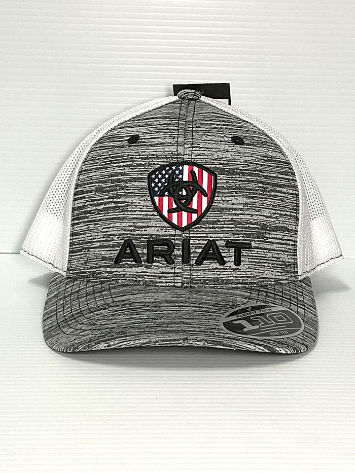 Ariat A300005906 Flexfit Cap USA Grey front and side view. If you need any assistance with this item or the purchase of this item please call us at five six one seven four eight eight eight zero one Monday through Saturday 10:00a.m EST to 8:00 p.m EST