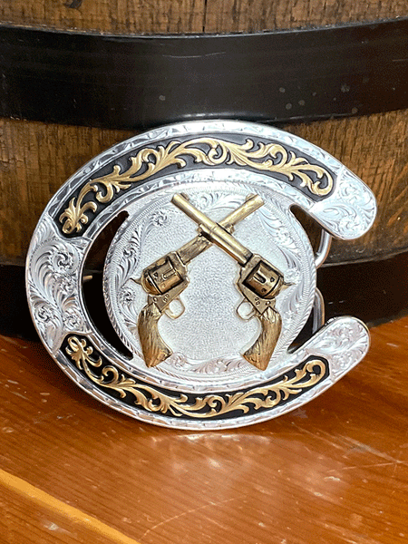 Montana Silversmiths 61375-878 Crossed Pistols Buckle Silver front view. If you need any assistance with this item or the purchase of this item please call us at five six one seven four eight eight eight zero one Monday through Saturday 10:00a.m EST to 8:00 p.m EST