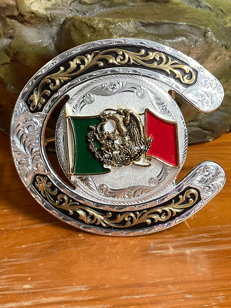 Montana Silversmiths 61375-219 Horseshoe Shape Mexican Flag Buckle front view. If you need any assistance with this item or the purchase of this item please call us at five six one seven four eight eight eight zero one Monday through Saturday 10:00a.m EST to 8:00 p.m EST