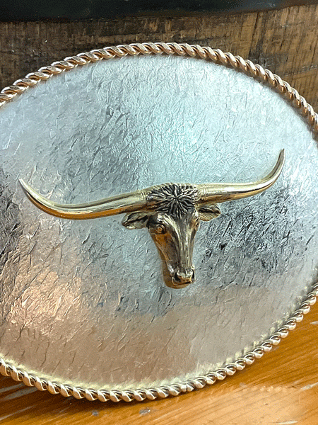 Montana Silversmiths G6128-767M Longhorn Buckle figure detail close up. If you need any assistance with this item or the purchase of this item please call us at five six one seven four eight eight eight zero one Monday through Saturday 10:00a.m EST to 8:00 p.m EST