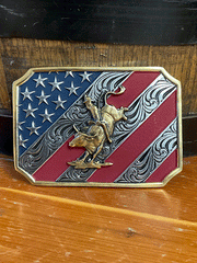 Montana Silversmiths A865 Mens Patriot Bull Rider Attitude Belt Buckle front view. If you need any assistance with this item or the purchase of this item please call us at five six one seven four eight eight eight zero one Monday through Saturday 10:00a.m EST to 8:00 p.m EST