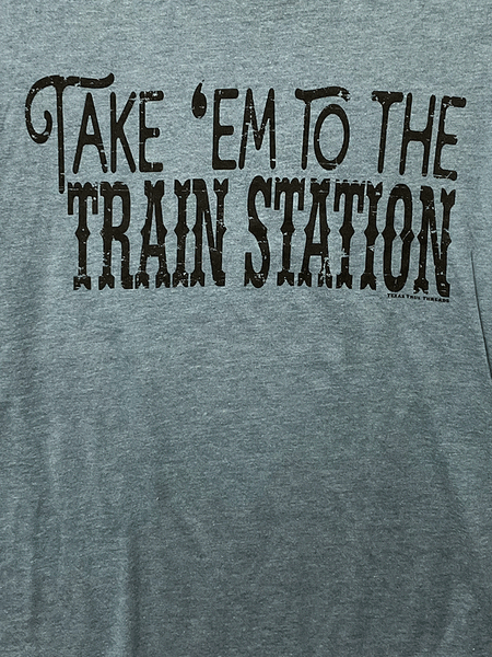 Texas True 3413 Womens Yellowstone Take Em to the Train Station Denim Tri Blend graphic detail. If you need any assistance with this item or the purchase of this item please call us at five six one seven four eight eight eight zero one Monday through Saturday 10:00a.m EST to 8:00 p.m EST