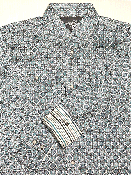 Wrangler 112314974 Kids 20X Advanced Comfort Western Print Shirt Teal cuff, pocket and print detail. If you need any assistance with this item or the purchase of this item please call us at five six one seven four eight eight eight zero one Monday through Saturday 10:00a.m EST to 8:00 p.m EST