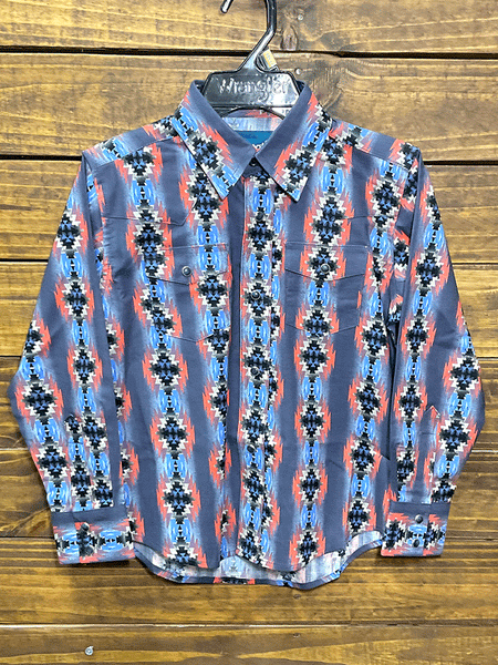 Wrangler 112314896 Kids Long Sleeve Snap Shirt Aztec Print Blue front view. If you need any assistance with this item or the purchase of this item please call us at five six one seven four eight eight eight zero one Monday through Saturday 10:00a.m EST to 8:00 p.m EST