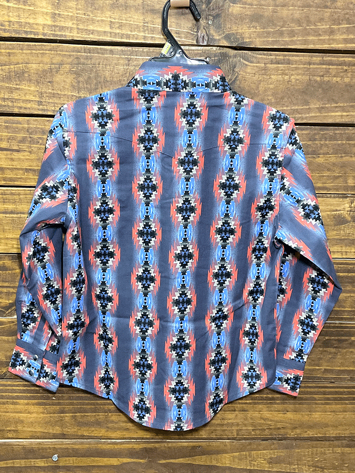Wrangler 112314896 Kids Long Sleeve Snap Shirt Aztec Print Blue front view. If you need any assistance with this item or the purchase of this item please call us at five six one seven four eight eight eight zero one Monday through Saturday 10:00a.m EST to 8:00 p.m EST