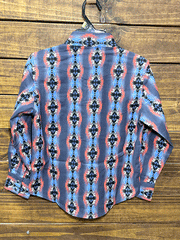 Wrangler 112314896 Kids Long Sleeve Snap Shirt Aztec Print Blue back view. If you need any assistance with this item or the purchase of this item please call us at five six one seven four eight eight eight zero one Monday through Saturday 10:00a.m EST to 8:00 p.m EST