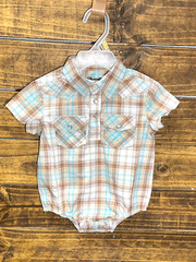 Wrangler 112315099 Infants Short Sleeve Plaid Bodysuit Beige front view. If you need any assistance with this item or the purchase of this item please call us at five six one seven four eight eight eight zero one Monday through Saturday 10:00a.m EST to 8:00 p.m EST