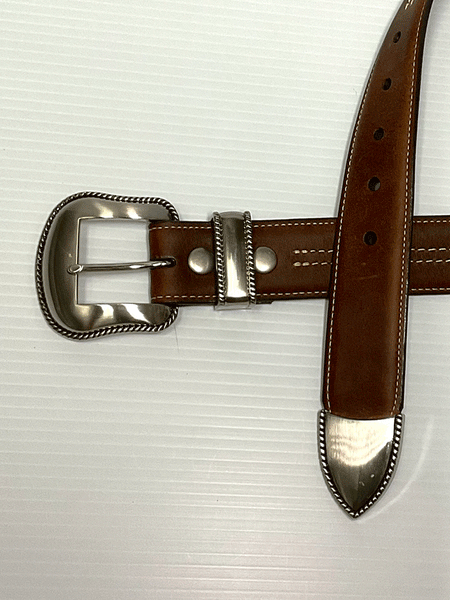 Vintage Bison VB-6273 Mens Blackjack Leather Belt Saddle buckle and tip detail. If you need any assistance with this item or the purchase of this item please call us at five six one seven four eight eight eight zero one Monday through Saturday 10:00a.m EST to 8:00 p.m EST
