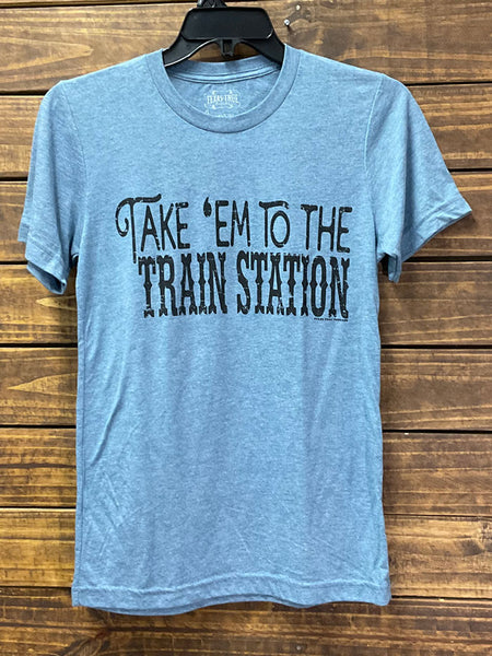 Texas True 3413 Yellowstone Take Em to the Train Station T-Shirt Denim Tri Blend Front View. If you need any assistance with this item or the purchase of this item please call us at five six one seven four eight eight eight zero one Monday through Saturday 10:00a.m EST to 8:00 p.m EST
