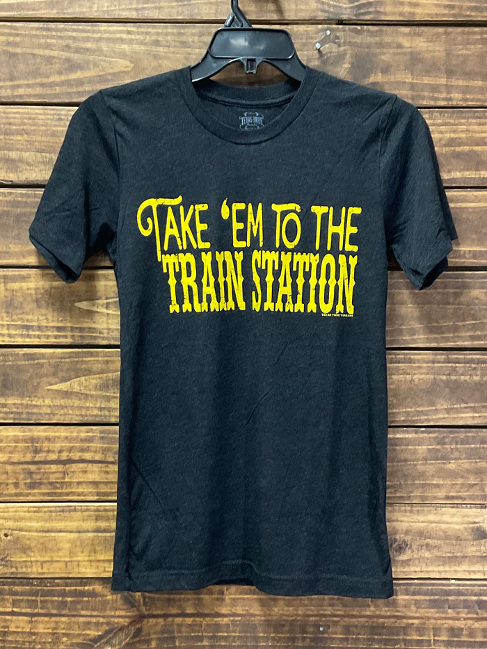 Texas True 3413 Yellowstone Take Em To The Train Station T-Shirt Charcoal Black front view on display. If you need any assistance with this item or the purchase of this item please call us at five six one seven four eight eight eight zero one Monday through Saturday 10:00a.m EST to 8:00 p.m EST