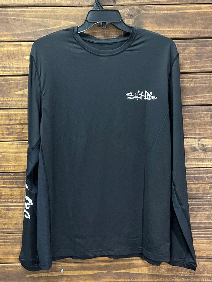 Salt Life SLM6215 Mens Live Salty Amerishield Long Sleeve Performance Tee Black back view. If you need any assistance with this item or the purchase of this item please call us at five six one seven four eight eight eight zero one Monday through Saturday 10:00a.m EST to 8:00 p.m EST