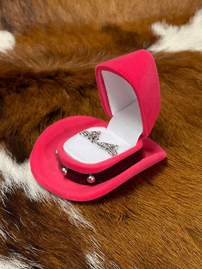 Western Express JE140 Barrel Racer Earrings In Cowboy Hat Gift Box front view open box. If you need any assistance with this item or the purchase of this item please call us at five six one seven four eight eight eight zero one Monday through Saturday 10:00a.m EST to 8:00 p.m EST