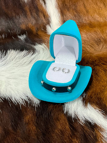 Western Express JE104 Horseshoe Earrings In Cowboy Hat Gift Box - D front view. If you need any assistance with this item or the purchase of this item please call us at five six one seven four eight eight eight zero one Monday through Saturday 10:00a.m EST to 8:00 p.m EST