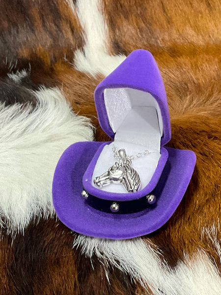 Western Express JN103 Horse Head Necklace In Cowboy Hat Gift Box close up view. If you need any assistance with this item or the purchase of this item please call us at five six one seven four eight eight eight zero one Monday through Saturday 10:00a.m EST to 8:00 p.m EST