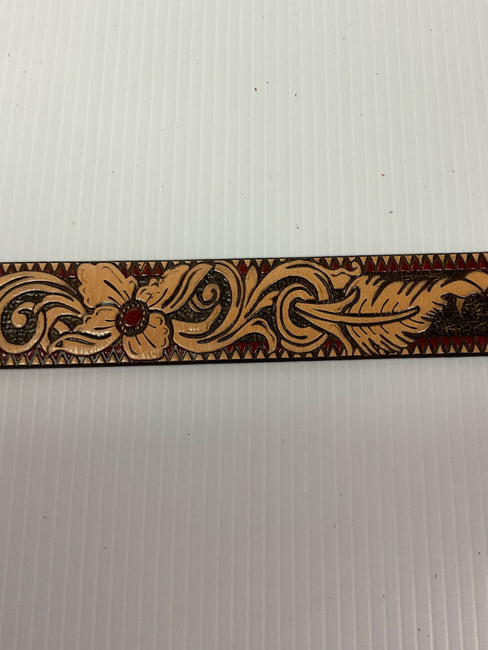 Hooey HWBLT004 Womens Feather & Floral Filigree Embossed Belt & Floral Tongue Buckle Natural Brown Red front view. If you need any assistance with this item or the purchase of this item please call us at five six one seven four eight eight eight zero one Monday through Saturday 10:00a.m EST to 8:00 p.m EST