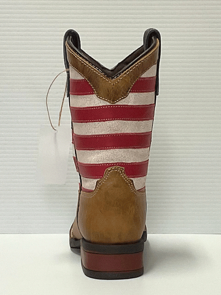 Roper 09-018-0912-2567 Kids Patriotism Tan Oiled Leather Vamp Boot Brown back view. If you need any assistance with this item or the purchase of this item please call us at five six one seven four eight eight eight zero one Monday through Saturday 10:00a.m EST to 8:00 p.m EST