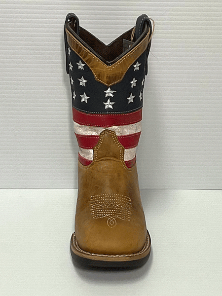 Roper 09-018-0912-2567 Kids Patriotism Tan Oiled Leather Vamp Boot Brown front view. If you need any assistance with this item or the purchase of this item please call us at five six one seven four eight eight eight zero one Monday through Saturday 10:00a.m EST to 8:00 p.m EST