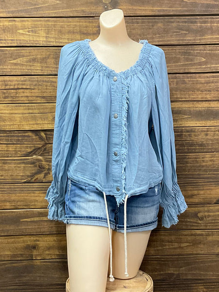 Fate FT4981 Womens Frayed Edge Off Shoulder Top Light Denim front view. If you need any assistance with this item or the purchase of this item please call us at five six one seven four eight eight eight zero one Monday through Saturday 10:00a.m EST to 8:00 p.m EST