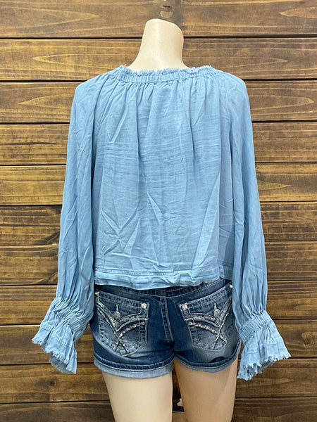Fate FT4981 Womens Frayed Edge Off Shoulder Top Light Denim back view. If you need any assistance with this item or the purchase of this item please call us at five six one seven four eight eight eight zero one Monday through Saturday 10:00a.m EST to 8:00 p.m EST