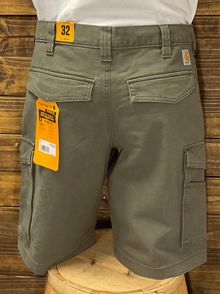 Carhartt 103542-217 Mens Rugged Flex® Relaxed Fit Canvas Cargo Work Short Tarmac back view. If you need any assistance with this item or the purchase of this item please call us at five six one seven four eight eight eight zero one Monday through Saturday 10:00a.m EST to 8:00 p.m EST