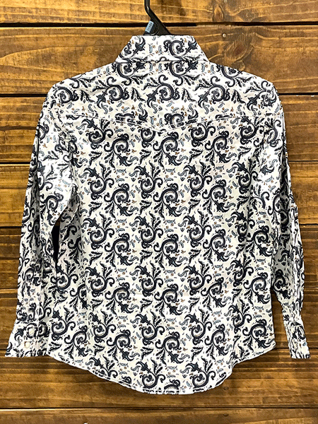 Wrangler 112317147 Kids 20X Competition Advanced Comfort Shirt Blue back view. If you need any assistance with this item or the purchase of this item please call us at five six one seven four eight eight eight zero one Monday through Saturday 10:00a.m EST to 8:00 p.m EST
