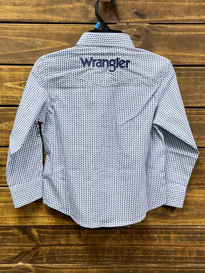Wrangler 112317215 Kids Long Sleeve Logo Western Shirt White/Blue front view. If you need any assistance with this item or the purchase of this item please call us at five six one seven four eight eight eight zero one Monday through Saturday 10:00a.m EST to 8:00 p.m EST