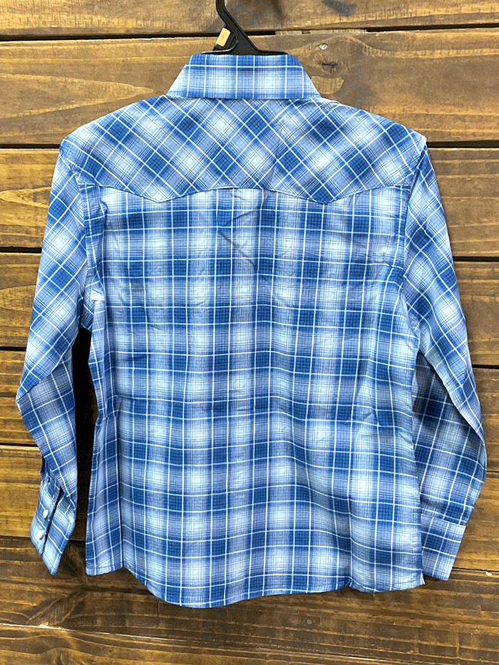 Wrangler 112314912 Kids Long Sleeve Retro Western Shirt Blue front view. If you need any assistance with this item or the purchase of this item please call us at five six one seven four eight eight eight zero one Monday through Saturday 10:00a.m EST to 8:00 p.m EST