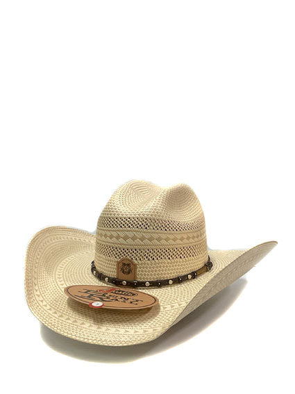 Justin JS4830HUTS HUTSON Bent Rail Straw Cowboy Hat Ivory side and front view. If you need any assistance with this item or the purchase of this item please call us at five six one seven four eight eight eight zero one Monday through Saturday 10:00a.m EST to 8:00 p.m EST
