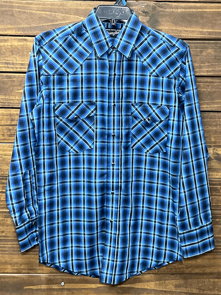Wrangler 112317879 Mens Silver Edition Long Sleeve Plaid Shirt Blue front view. If you need any assistance with this item or the purchase of this item please call us at five six one seven four eight eight eight zero one Monday through Saturday 10:00a.m EST to 8:00 p.m EST