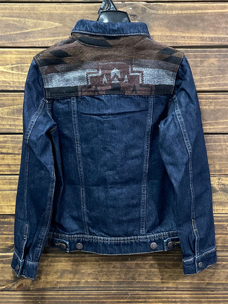 Wrangler 112318262 Kids Denim Jacket Unlined Pecan Pie back view. If you need any assistance with this item or the purchase of this item please call us at five six one seven four eight eight eight zero one Monday through Saturday 10:00a.m EST to 8:00 p.m EST