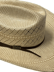Larry Mahan MSL342COWX4414 10X COWBOY Straw Hat Ivory Tan band close up. If you need any assistance with this item or the purchase of this item please call us at five six one seven four eight eight eight zero one Monday through Saturday 10:00a.m EST to 8:00 p.m EST