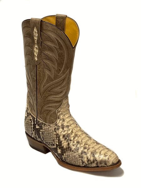 Roper 09-020-6200-8211 Mens Exotic R Toe Peyton Python Boots Tan side and front view. If you need any assistance with this item or the purchase of this item please call us at five six one seven four eight eight eight zero one Monday through Saturday 10:00a.m EST to 8:00 p.m EST