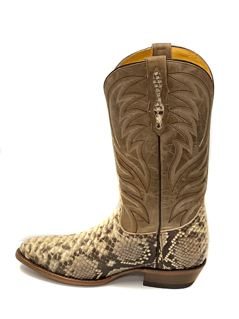 Roper 09-020-6200-8211 Mens Exotic R Toe Peyton Python Boots Tan side and front view. If you need any assistance with this item or the purchase of this item please call us at five six one seven four eight eight eight zero one Monday through Saturday 10:00a.m EST to 8:00 p.m EST