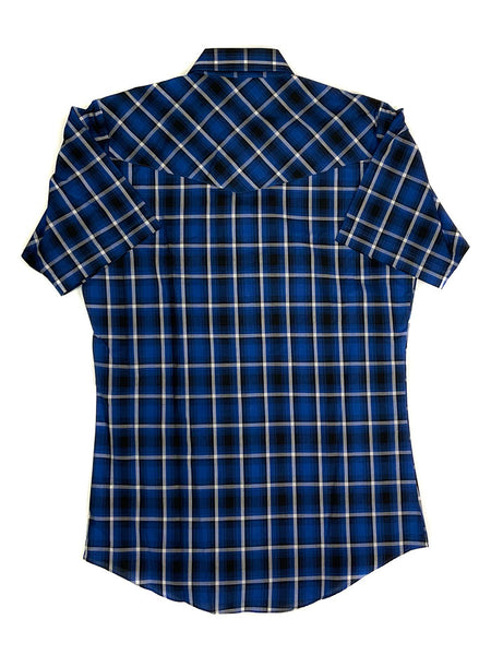 Ely Cattleman E1F202607-NV Mens Short Sleeve Plaid Shirt Navy back view. If you need any assistance with this item or the purchase of this item please call us at five six one seven four eight eight eight zero one Monday through Saturday 10:00a.m EST to 8:00 p.m EST